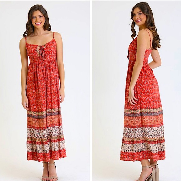 Penna&Pine Dresses & Skirts - Red Floral Boho Front Tie Smocked Back Maxi Dress